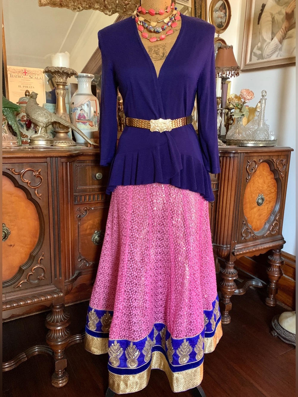 Vintage Boho Royal Gold Pink Purple Velvet Prom Gala Skirt Sweater Blouse Set